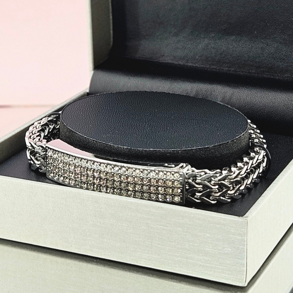 American Exchange Bracelet Silver Stainless Steel Pave Crystal ID Bracelet 8.5"